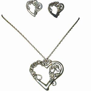 Shube Sterling Silver Large Heart Necklace Earrings Set Floral Design Stamped